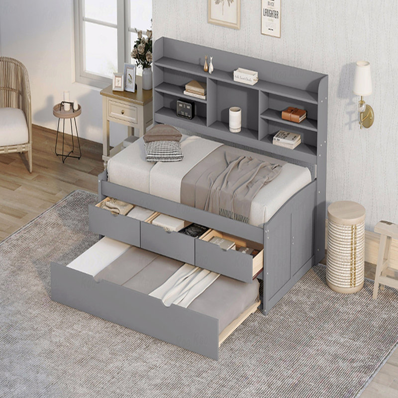 Twin Wooden Captain Bed Frame, Bookshelves, 3 Drawers, Trundle, Gray