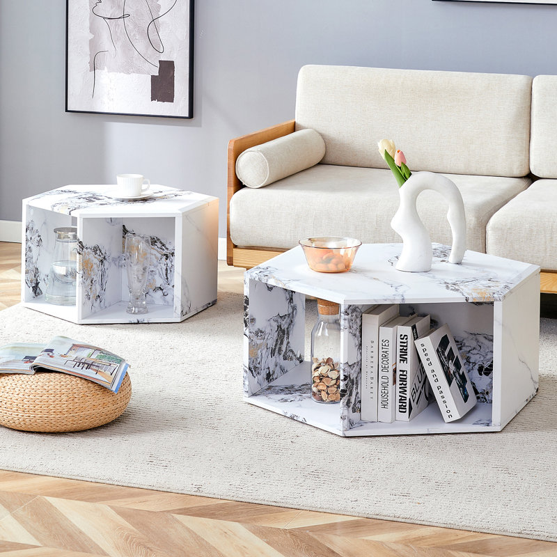 Minimalist White Patterns Hexagonal Coffee Table Set.Hexagonal MDF Coffee Table