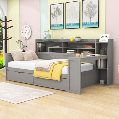 Wooden Daybed with Shelves, Drawers, Desk and Slats