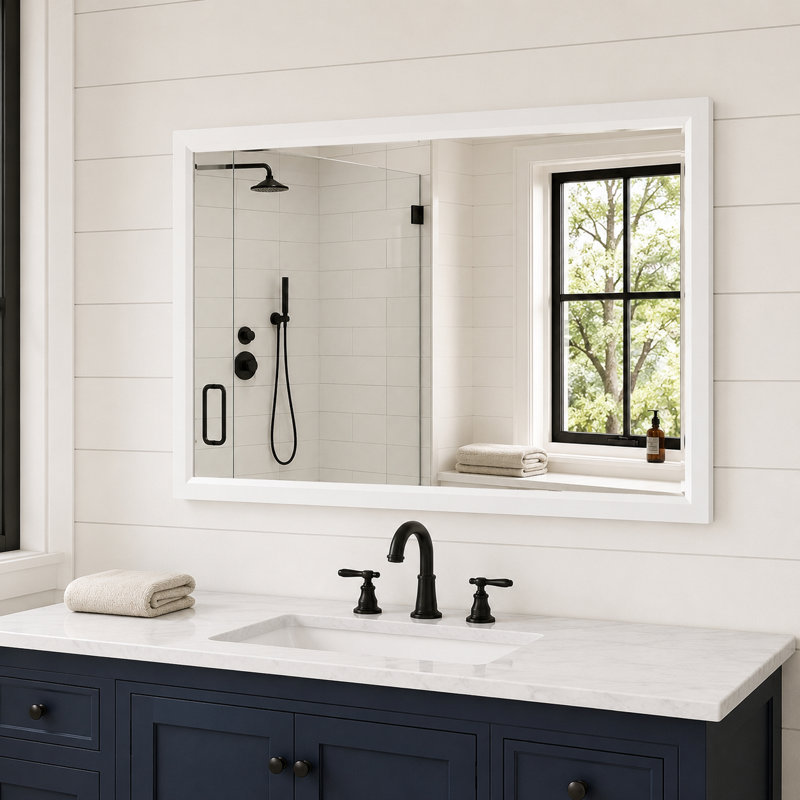 Miroir de salle de bain en verre trempé avec cadre en aluminium blanc et bord biseauté, 36" x 24"