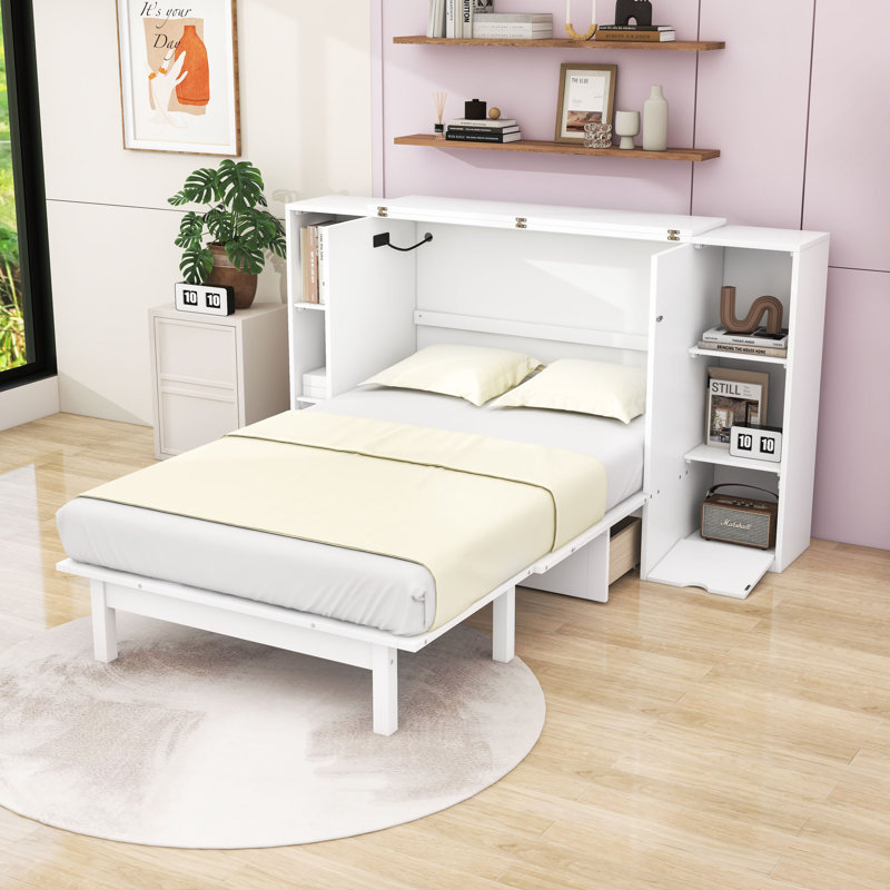 Lit escamotable multifonction avec ports USB intégrés et charge de type C, Blanc, Grand lit