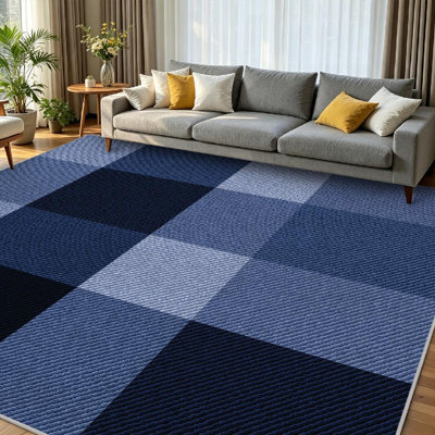 Blue Abstract Indigo Checked Fabric Plaid Navy Check Denim Jeans Backdrop Machine Washable Indoor Area Rug