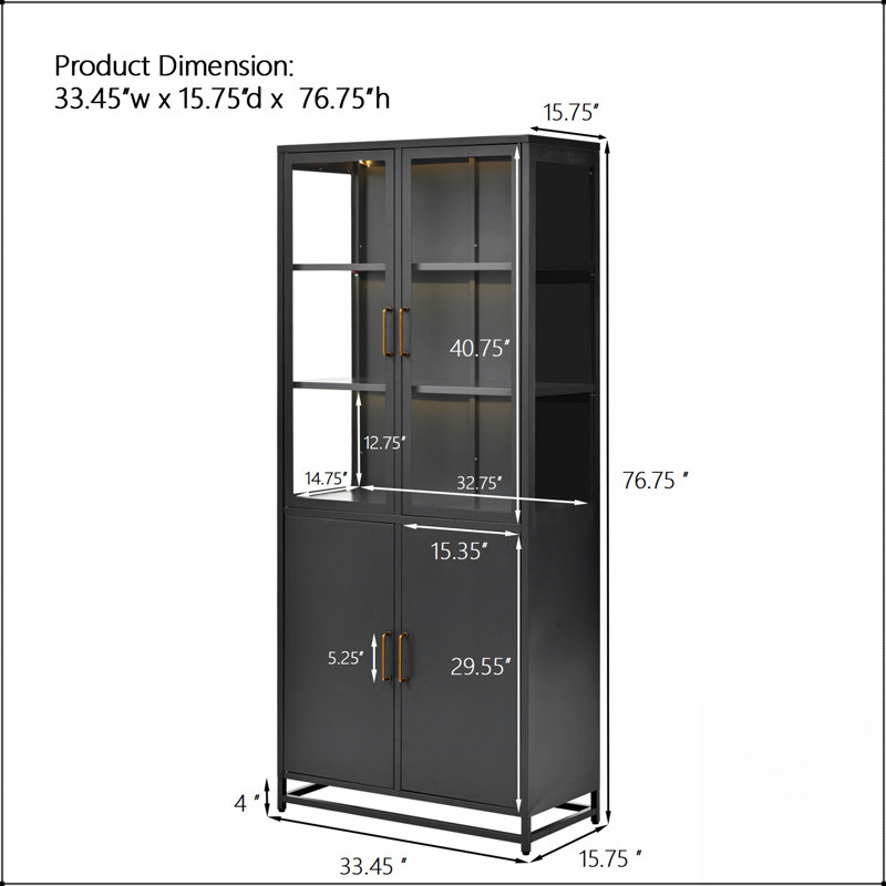 Grande vitrine moderne en verre avec éclairage à DEL, cadre en acier renforcé et solutions de rangement polyvalentes, Noir