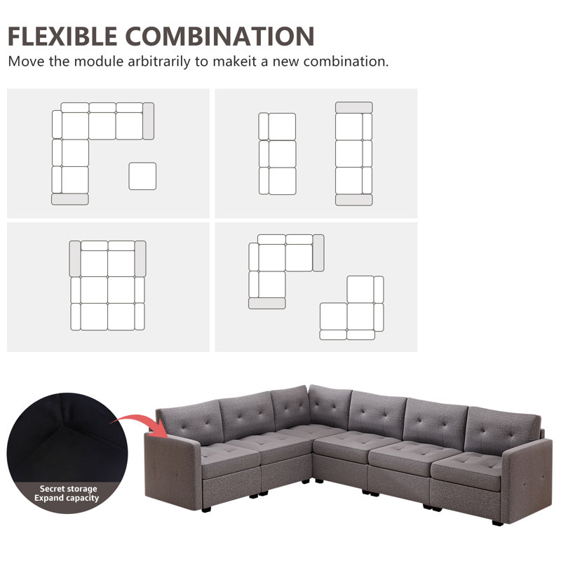 Canapé modulaire rembourré 6 pièces Jamiley, Gris