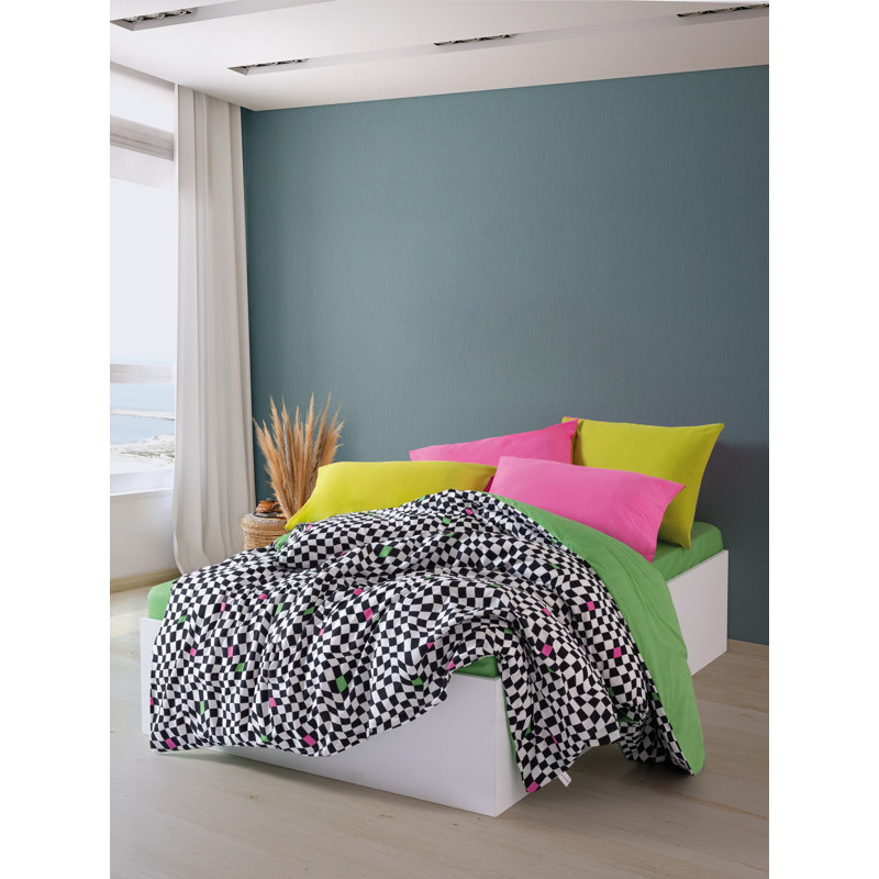 Ensemble de housse de couette double 100% coton Ranforce, vert et blanc et noir, housse de couette 79,0 x 86,6 po, drap-housse 63,0 x 78,7 po + 11,8 po, 2 taies d'oreiller 19,7 x 27,6 po | Lavable à la machine, impression réactive, fermeture à boutons