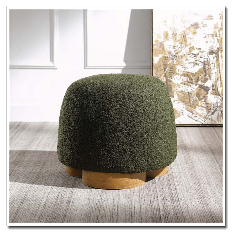 Fully Assembled Round Soft Teddy Fabric Upholstered Ottoman, Olive Green