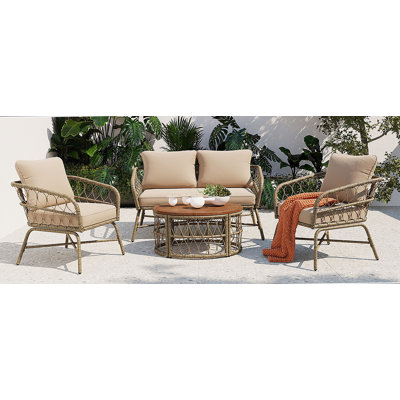 4-Person Outdoor Seating Group With Removable Cushions, Conversation Patio Set With Wood Tabletop