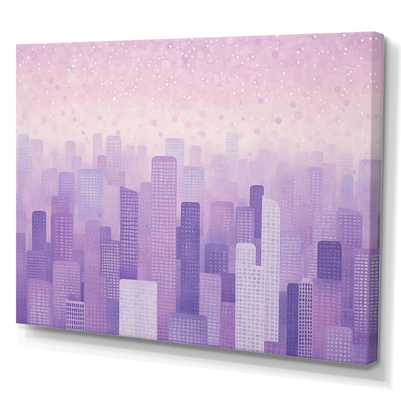 «Lilac Layers Skyscrapers», horizon urbain sur toile, H 24 po x l 32 po x P 1 po, Toile tendue