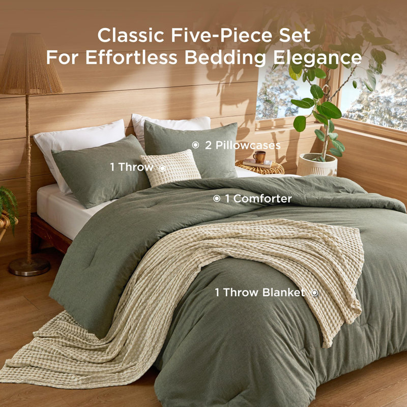 Cozy Winter Collection Bedsure 5 Pieces Cotton Comforter Set with Cotton Waffle Throw Blanket, Olive Green