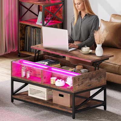 Lift Top Coffee Table, LED Coffee Table With Hidden Compartment And Storage Shelf, Wood Coffee Tables For Living Room, Rectangle Center Table For Livi -  Latitude Run®, 290B3B772ABD4DA6ACC09D7B10605E41