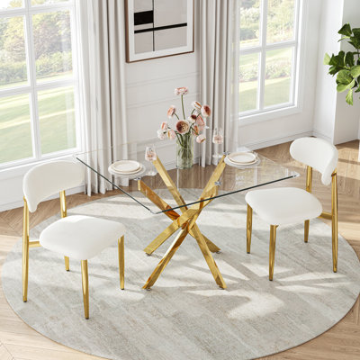 Modern Square Glass Dining Table Set For 2, 36" Tempered Glass Top And Rattan Velvet Upholstered Chairs For Small Dining Spaces