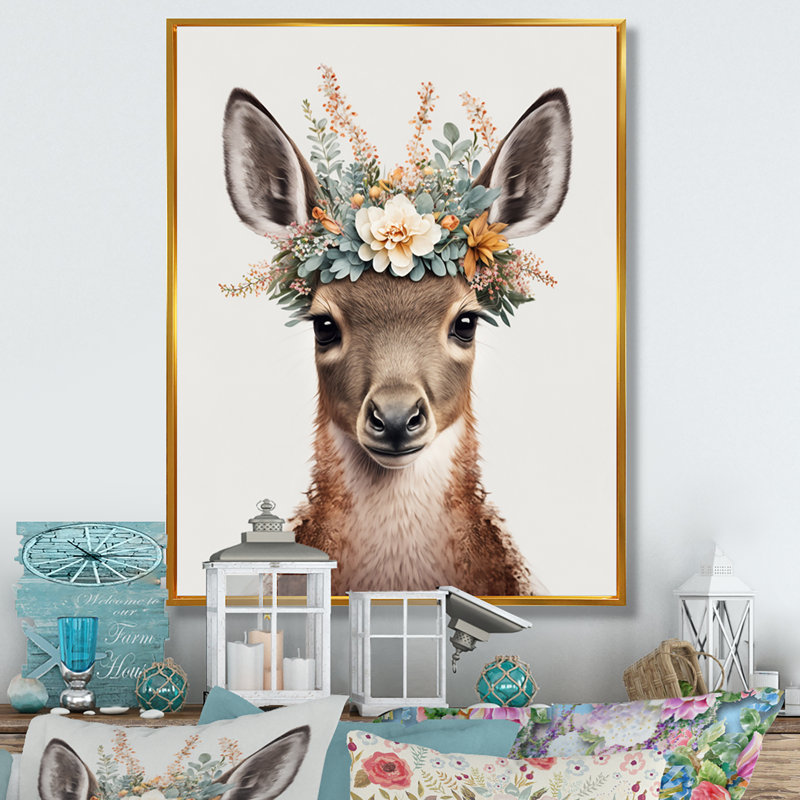 Mignon bébé kangourou avec couronne florale - impression sur toile tendue, H 32 po x l 24 po x P 1 po