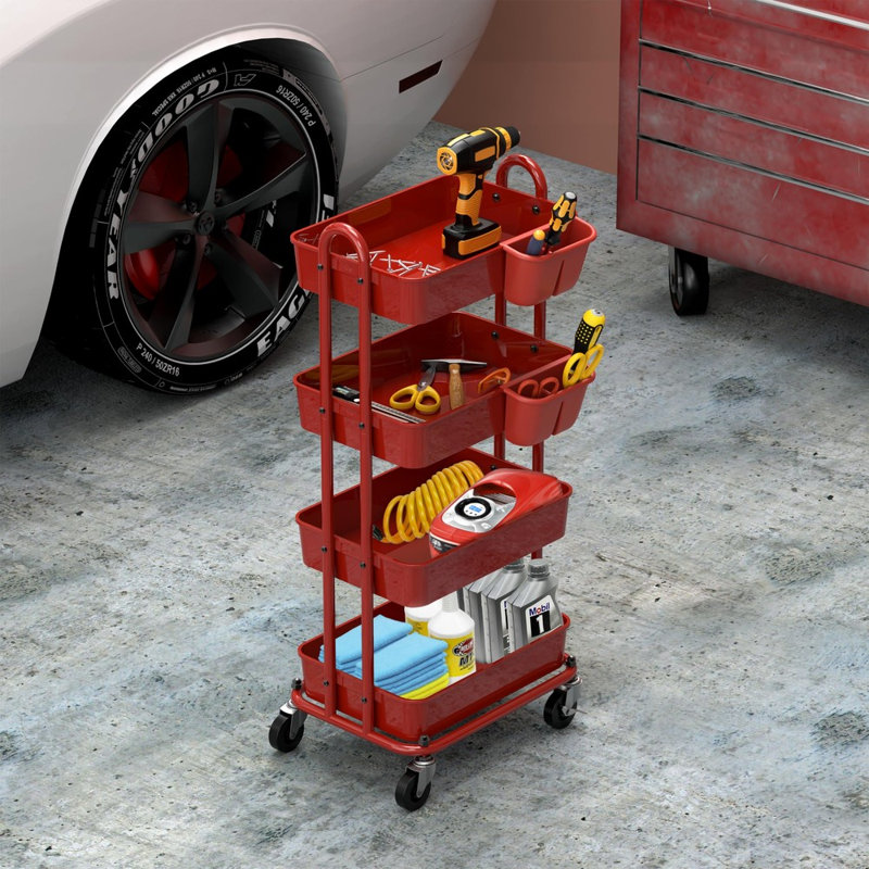 Chariot de rangement mobile à 4 niveaux avec bacs suspendus et roulettes pivotantes verrouillables, Rouge