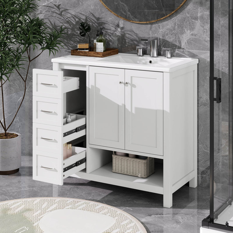 Meuble-lavabo simple 36 po avec lavabo 36 po, 2 tiroirs, 2 portes et tablette ouverte, Blanc