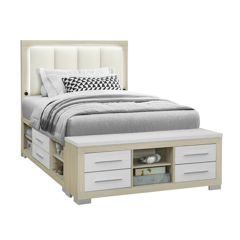 Lit double avec rangement Elsa, Naturel / Blanc, Lit double