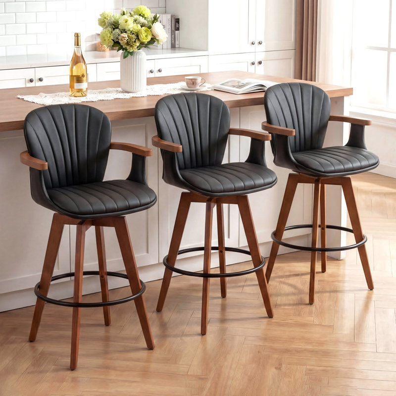 Ensemble de 3 tabourets pivotants avec pieds en bambou Karez, Noir, Tabouret de comptoir (assise à une hauteur de 26