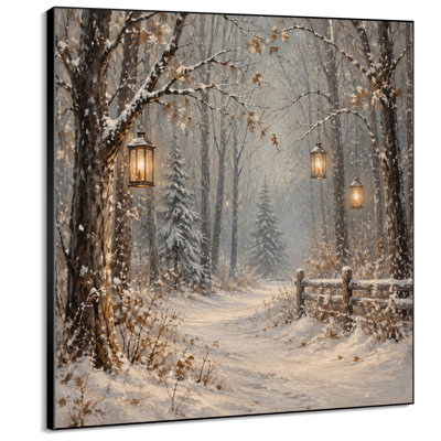Impression sur tissu grand format - Chemin forestier enneigé avec lanternes lumineuses pour salon ou chambre - « Assemblage du cadre requis (cadre non fini) »