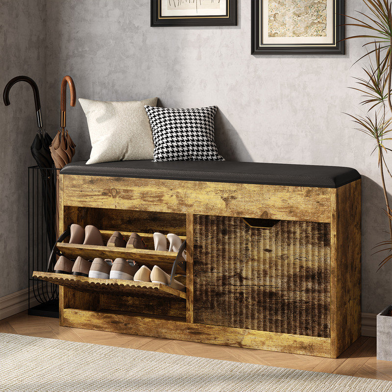 39"Pair Shoe Storage Bench  with 2-Tier Flip Drawers and Top Hidden, Dark Brown