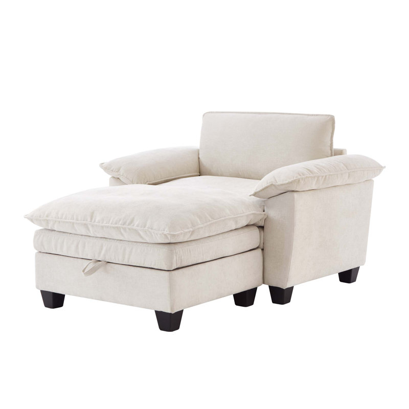 51" Oversize Chaise Lounge Chair with Ottoman and Storage  Upholstered Soft Chenille Beige