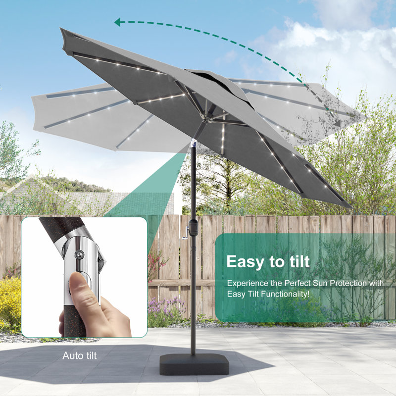 Parasol de patio 9 pi DEL, cadre de marché avec cadre en métal robuste à 8 nervures, Gris