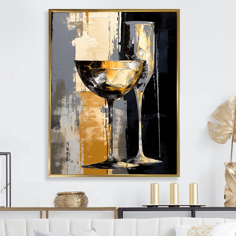 Champagne Collage avec verres - Champagne, art mural, Cadre flottant doré, H 32 po x l 24 po x P 1 po