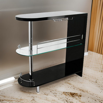 Kalyani 42 Inch Modern Bar Table, 3 Shelves, Tempered Glass, Black, Chrome
