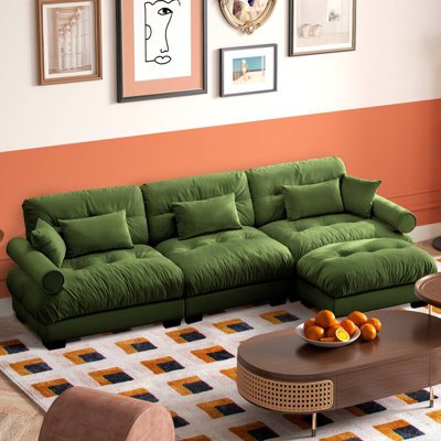 130" L-Shaped Velvet Upholstered Sectional With Ottoman