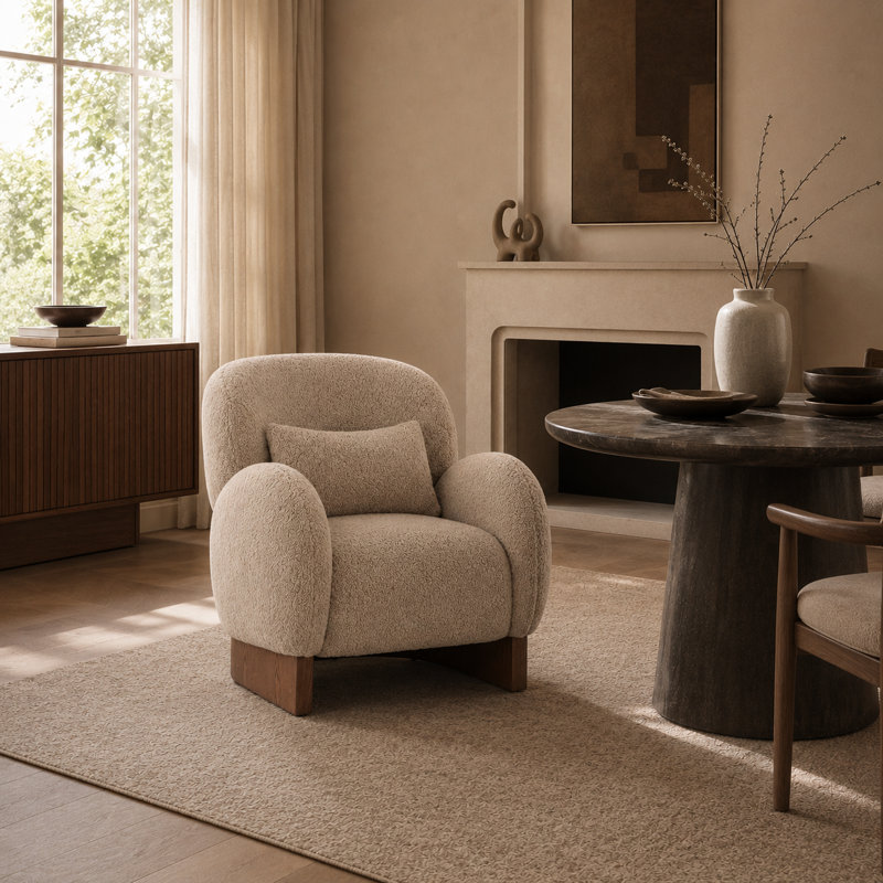 Chaise d'appoint contemporaine avec accoudoirs sculptés, base en bois massif