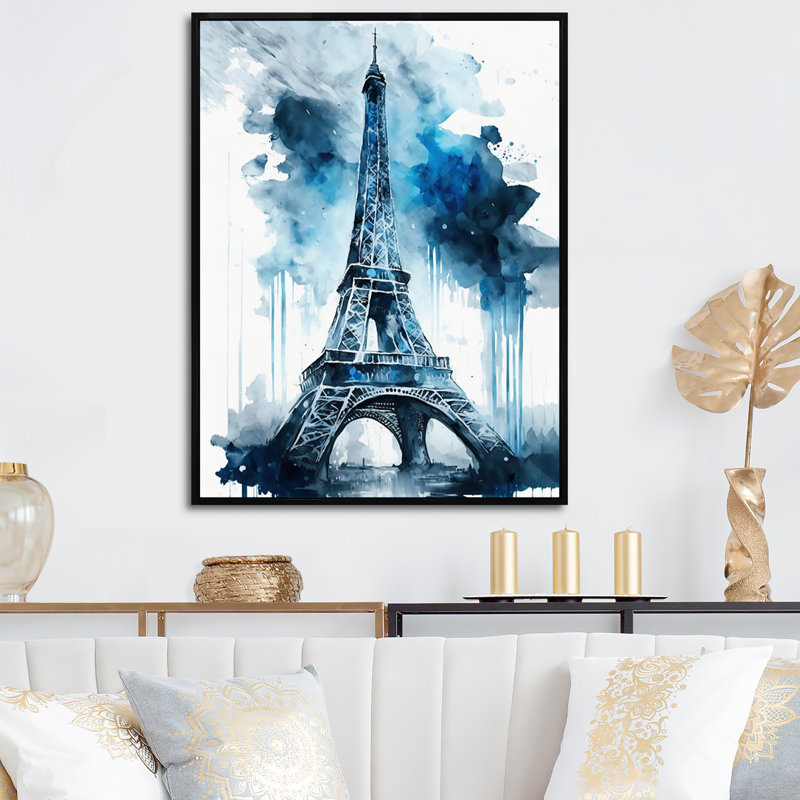Tour Eiflel de Paris, gris et bleu - reproduction sur toile, L 24 po x H 32 po, Toile avec cadre flottant noir