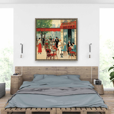 Public coffee shop Beige Illustrative Framed Canvas Art