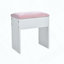 Bureau de coiffeuse avec plateau en verre, 11 ampoules Hollywood, tiroirs roses, tablettes et tabouret
