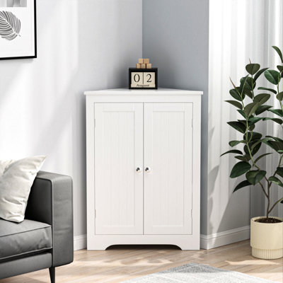 Adjustable Shelf Floor Corner Cabinet In White - For Bathroom, Kitchen, Living Room Thoughtful Storage For Freestanding With 2 Doors And Stylish Design