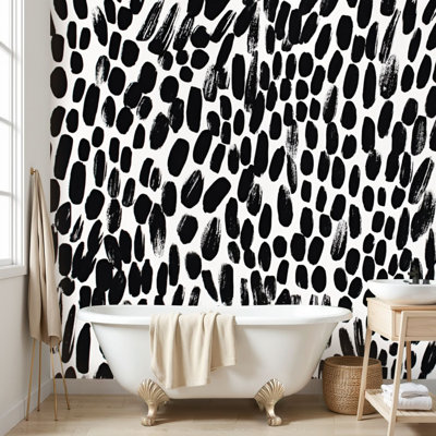 Wall Mural Peel and Stick Wallpaper Seamless Black Modern Dots Black White Irregular Brush Strokes Ink Blots Organic Patterns Spotted Texture Non Uniform Self-Adhesive Removable  Contact Paper Wall Decor for Living Room Bedroom 100"H x 144"W