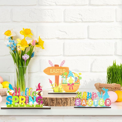 6 Pcs Easter Bunny Tabletop Decorations Happy Easter Egg Truck Wooden Signs Gnome Rustic Table Centerpiece For Home Ornament And Tiered Tray Home Party Favor Spring Indoor Decorations