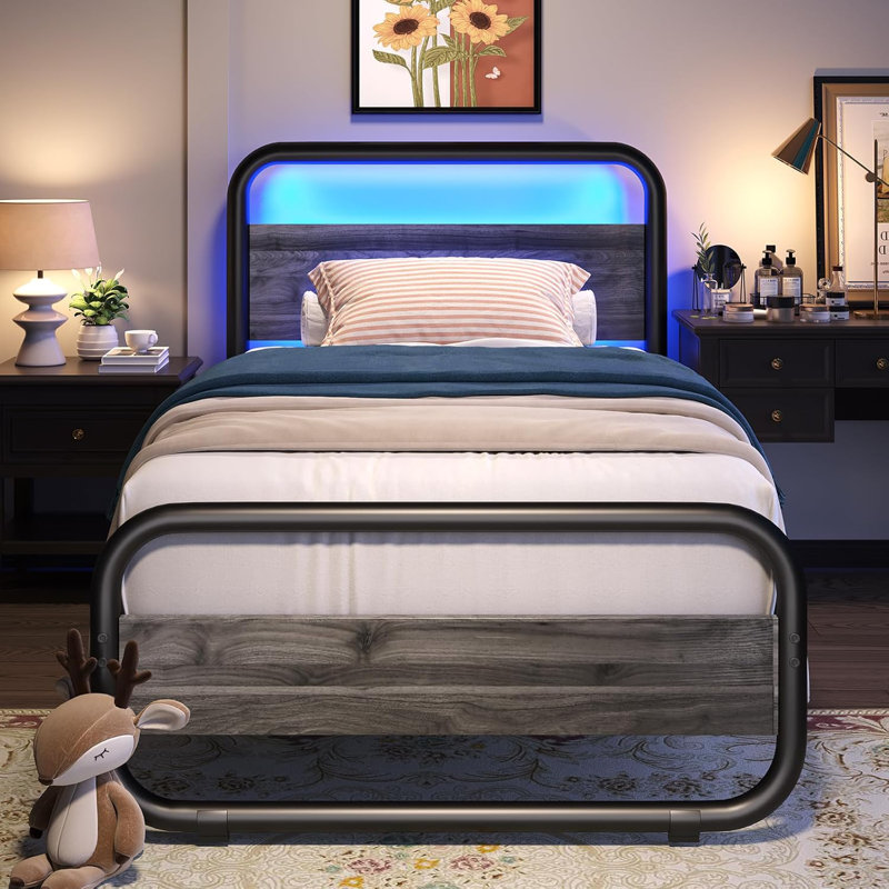 Metal  Bed Frame with LED Headboard and Footboard, Rustic Industrial Heavy Duty Wooden Platform Bed Frame with Under Bed Storage, Noise Free, No Box Spring Needed