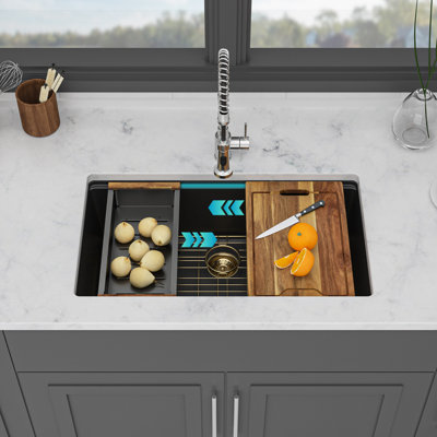 Quartz Kitchen Sink - 30" X 19" X 9.65" Black Granite Composite Workstation Undermount Single Bowl Kitchen Sink
