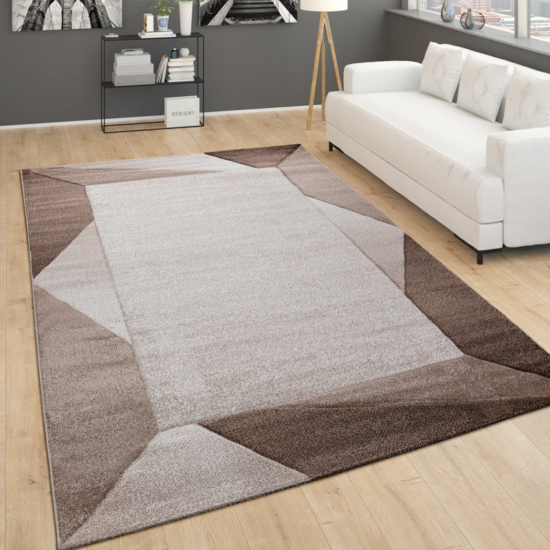 Tapis bordé de motifs géométriques et de contours découpés en beige brun, Rectangle 2 pi 8 po x 4 pi 11 po