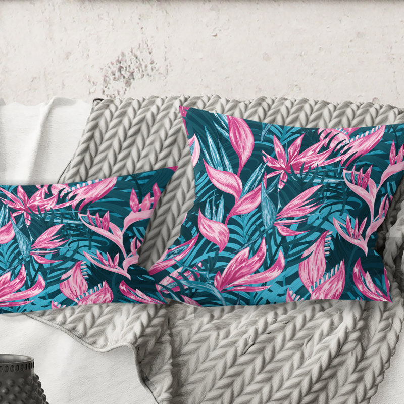 Fleurs tropicales dessinées à la main - coussin décoratif Mid-Century, 16 po x 1 po