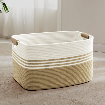 Large Woven Laundry Basket With Leather Handles - Cotton Storage Hamper For Clothes, Blankets, Toys, And Towels - Durable Rectangular Design For Bedroom, Living Room, And Bathroom Organization