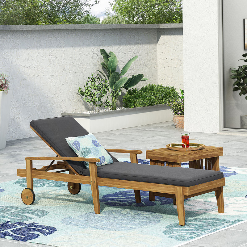 Chaise longue en bois d'acacia durable avec positions réglables et coussins non poreux, pour la détente en plein air, Gris