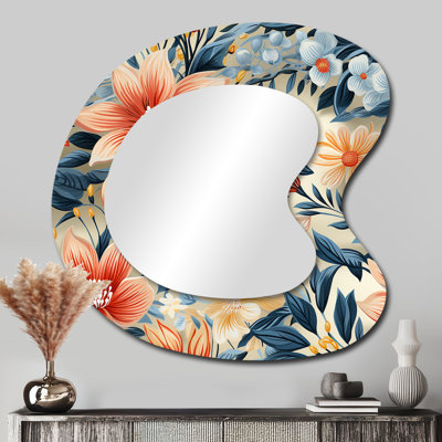 Motif botanique floral terre cuite et bleu Kenilworth - grand miroir mural asymétrique floral, miroir unique de forme irrégulière Cottage