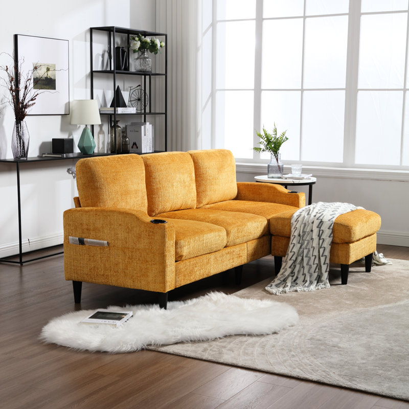 Canapé modulaire jaune avec porte-gobelet et rangement, 3 chenilles pour le salon, rangement confortable, décoration, Jaune