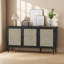 Buffet moderne noir avec 3 portes en rotin naturel - Grande console de rangement pour le vestibule, le salon et la cuisine-691395788-691395791