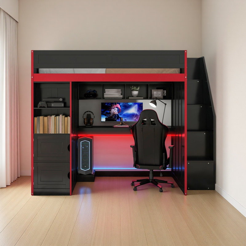 Lit mezzanine pour jouer avec bureau et rangement, lumières DEL, lit simple