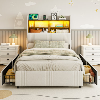 Twin XL Size Bed Frames With Wingback Hidden Storage Headboard & 4 Storage Drawers, 49.2" Tall Upholstered Headboard With Led Lights And Charging Station, No Box Spring Needed, Solid Wood Slats, Noise Free, White