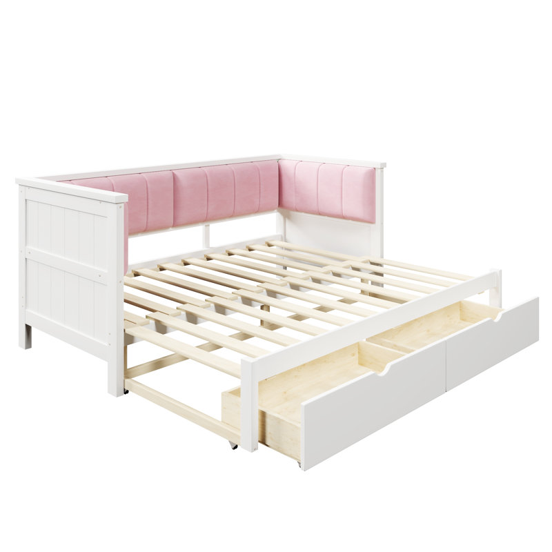 Twin XL to King Size Upholstered Daybed with Two Storage Drawers, Adjustable Backrest, White & Pink