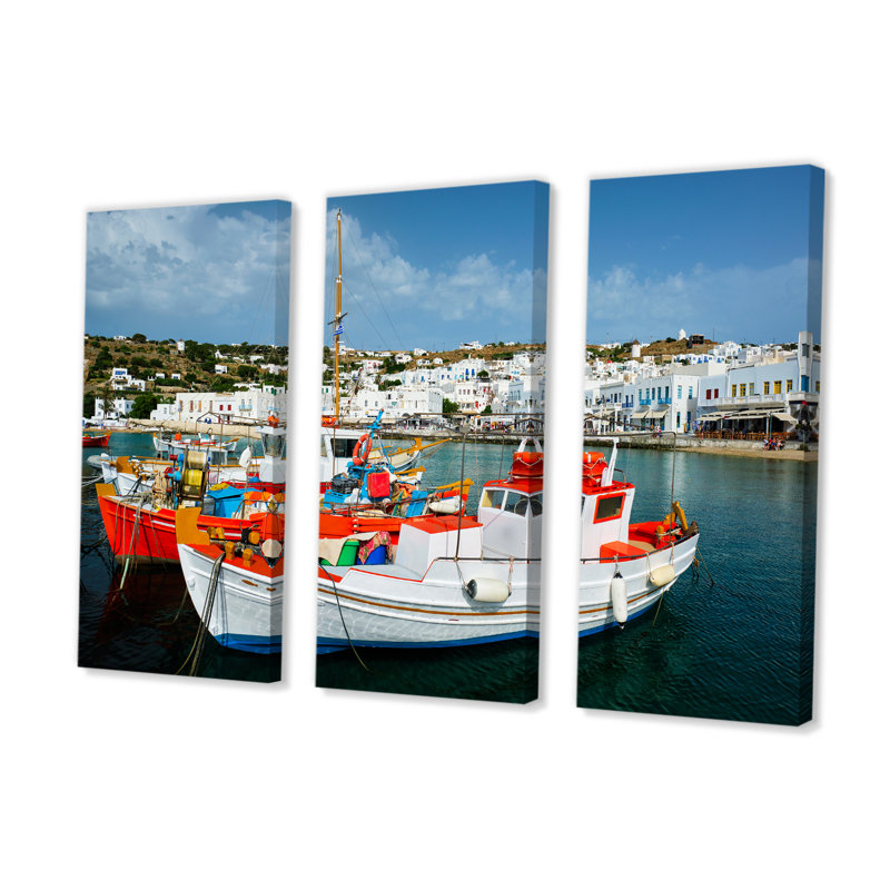 «Greek Port Finition Boat» - ensemble d'art mural sur toile Chasse et pêche, H 32 po x l 48 po x P 1 po