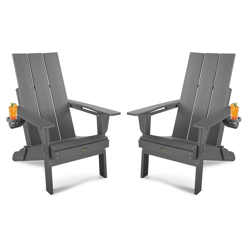 Adirondack Chair, Oversized HDPE Folding Adirondack Chair With Cup Holder(Set Of 2), Gray
