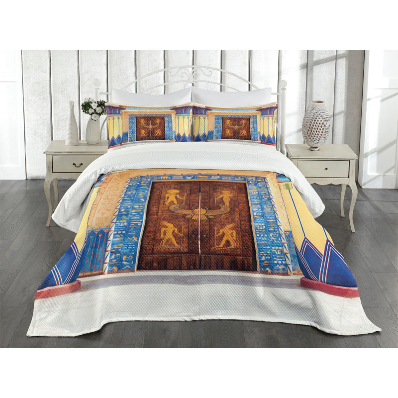 Ambesonne Egyptian Bedspread Set Egypt Building Multicolor, King Coverlet / Bedspread + 2 Standard Shams