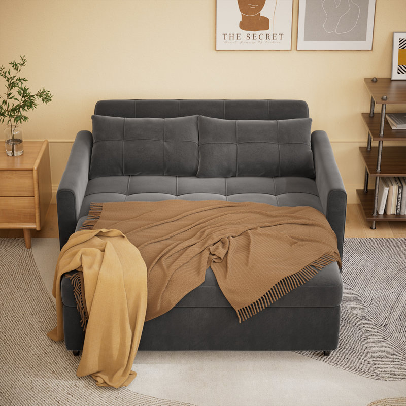 53.2" Width 3-in-1 Convertible Pull Out Sofa Bed, Full Size Sleeper Loveseat with 6 Level Adjustable Backrest & Side Storage Pocket, Linen Upholstered Couch for Small Space Apartment